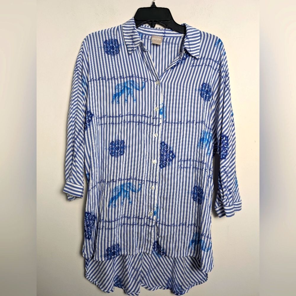 Chico's elephant novelty tunic top sz M boho travel vacation artsy coastal